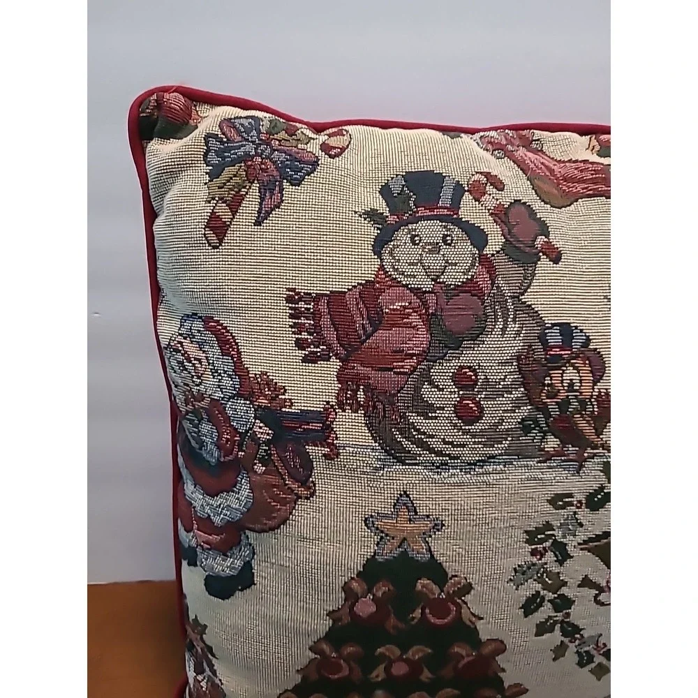 VTG Embroidered Christmas Tapestry Pillow 15x15‎ Snowman Santa Christmas Tree